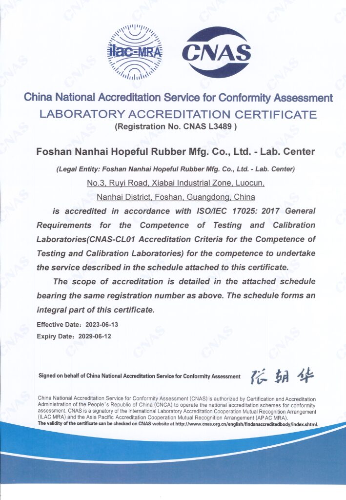 Quality Systems 7 ISO/IEC17025 Certification of Hopeful Rubber Mfg. Co., Ltd.